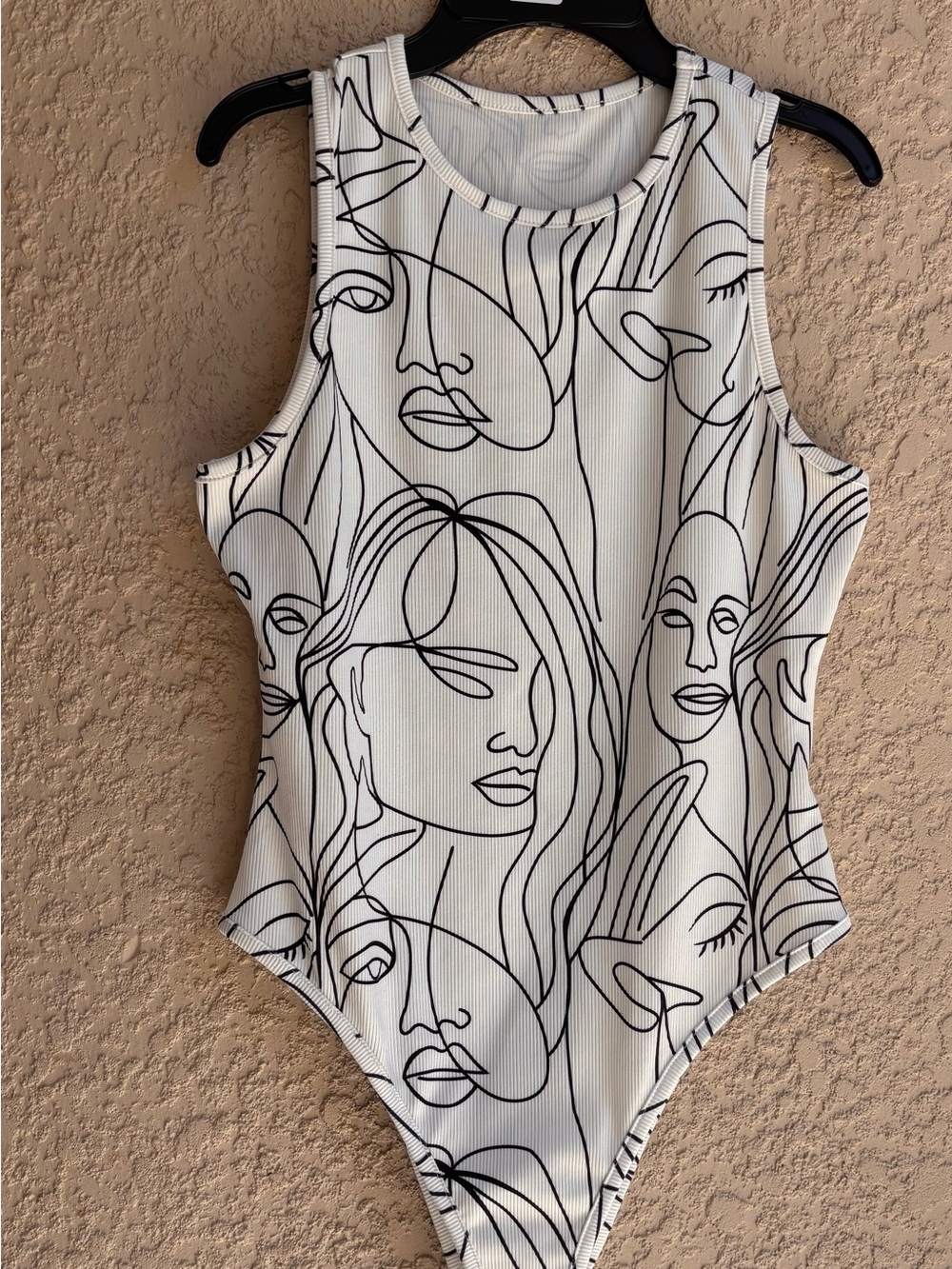 SHEIN White Black Abstract Line-Art Sleeveless Bodysuit